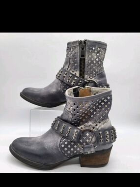 Very Volatile Distressed Leather Cowboy Ankle Boots Sz 6.5 Lattice Studded Strap